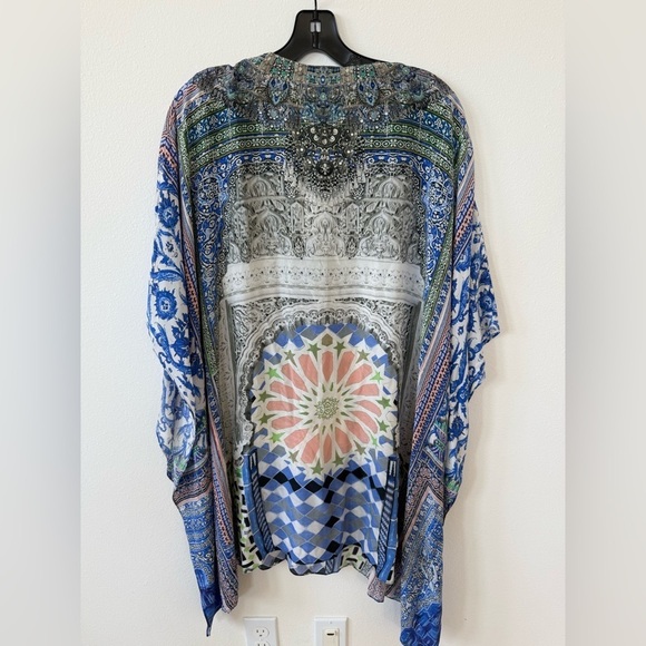 Camilla Blue White multicolor bejeweled Rainbow warrior Kaftan mini dress OS NWT - Picture 10 of 15